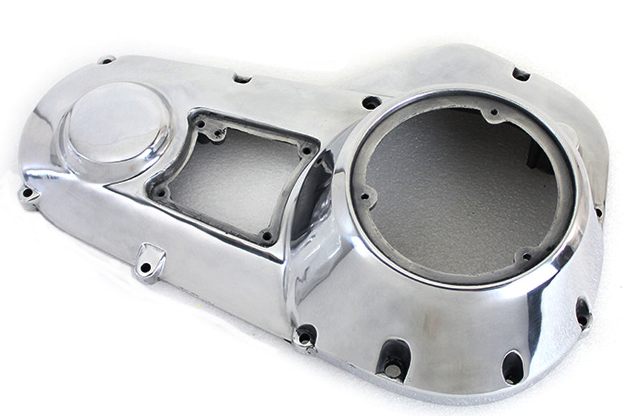 Polished V-TWIN Outer Primary Cover for drive line, shiny metal finish, designed for motorcycle V-TWIN brand.