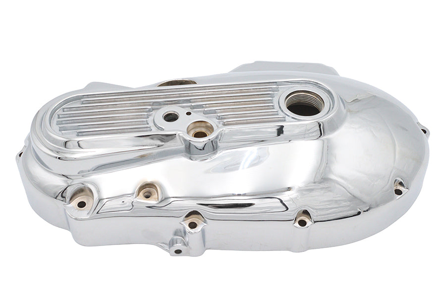 Motorshop Chrome Outer Primary Cover for drive line, showcasing shiny chrome finish and detailed design on a motorcycle part.