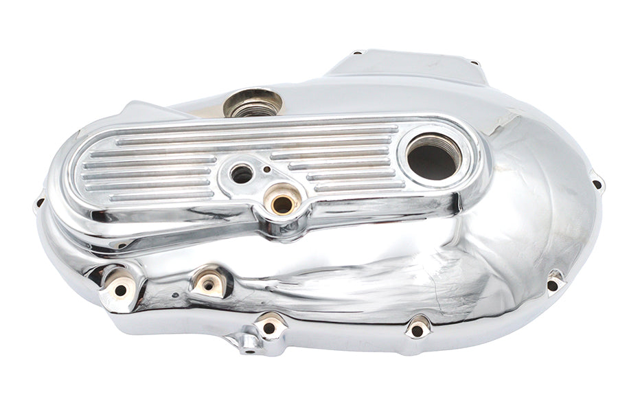 MotorShop chrome outer primary cover for drive line, showcasing shiny, durable metal finish and detailed design on a motorcycle.