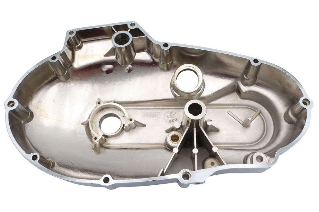 MotorShop Chrome Outer Primary Cover for Harley-Davidson drive line, shiny chrome finish, detailed close-up image.