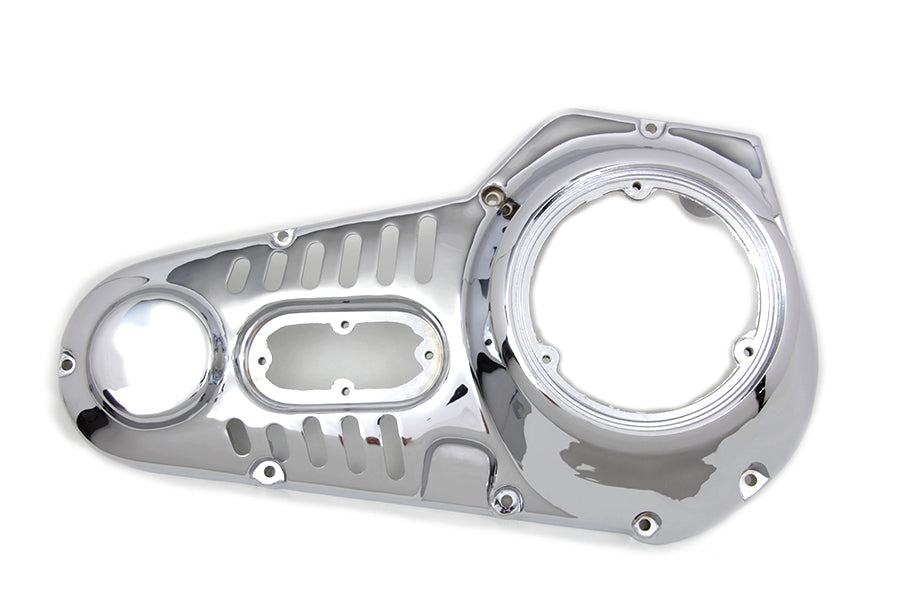 Chrome outer primary cover for drive line by Motorshop, showcasing shiny chrome finish and detailed design.