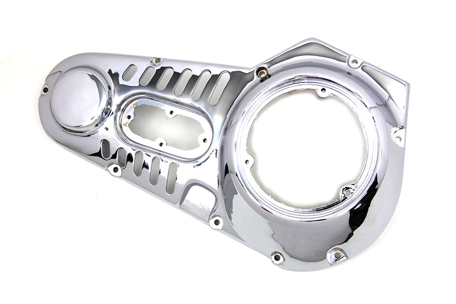 Chrome outer primary cover for drive line by Motorshop, showcasing a shiny, durable motorcycle engine component.