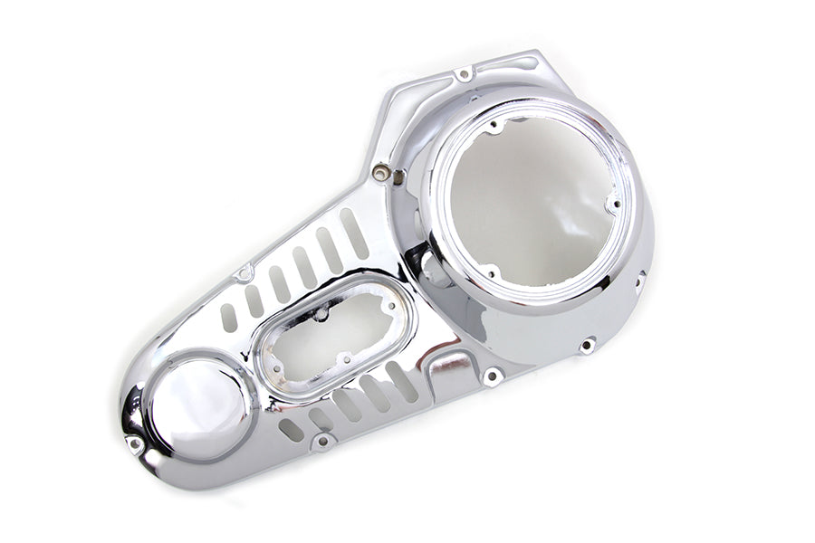 Chrome outer primary cover for motorcycle drive line by Motorshop, showcasing a shiny, durable chrome finish with detailed design.
