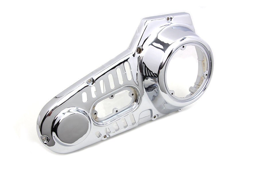 Chrome outer primary cover for drive line from Motorshop, showcasing a shiny, durable motorcycle accessory with detailed finish.