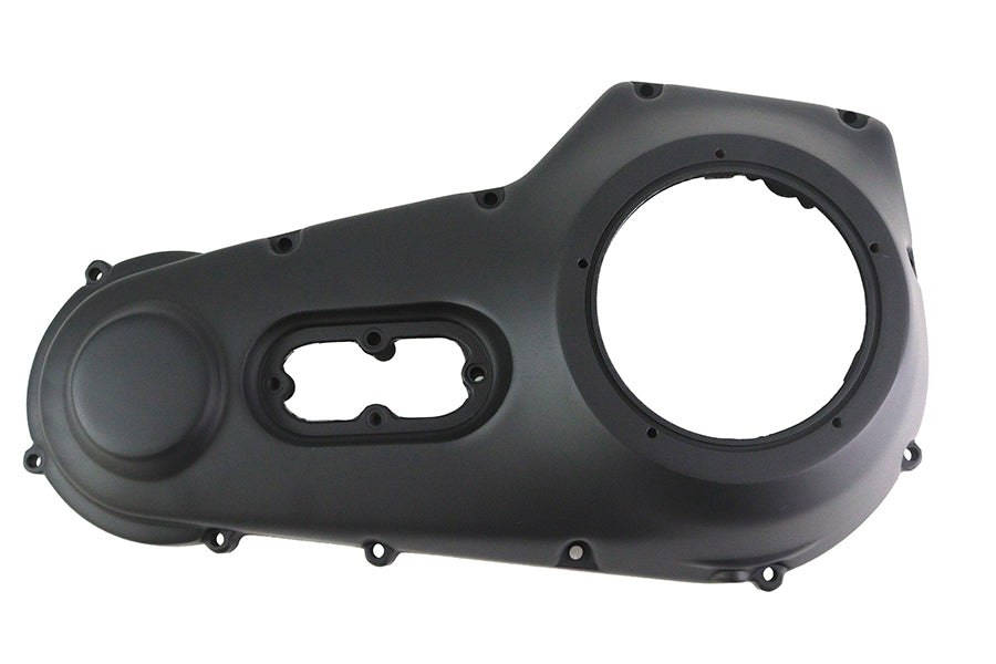 Motorshop black outer primary cover for motorcycle drive line, showing sleek black finish and detailed fitment.