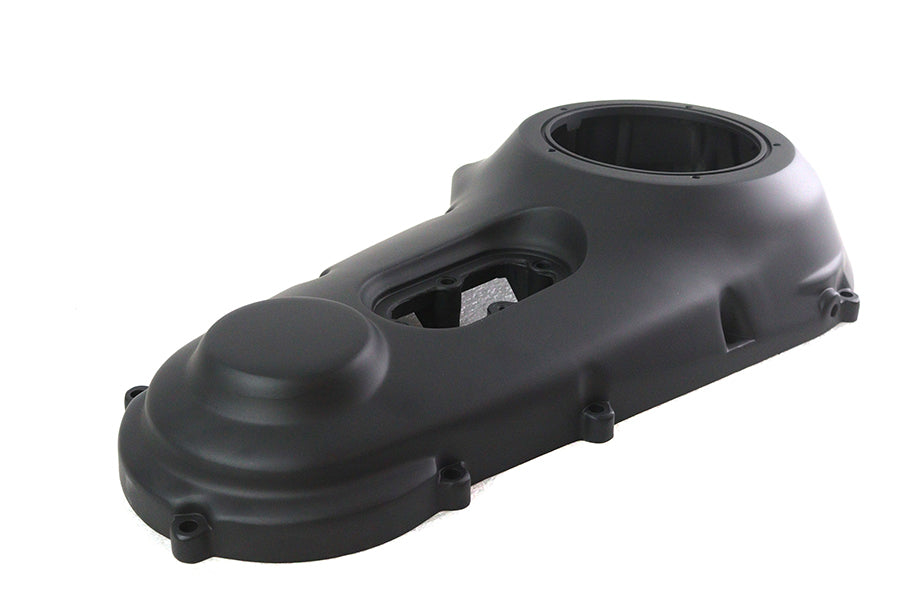 Black Motorshop drive line outer primary cover for motorcycle, showing the sleek, durable primary cover with mounting holes.