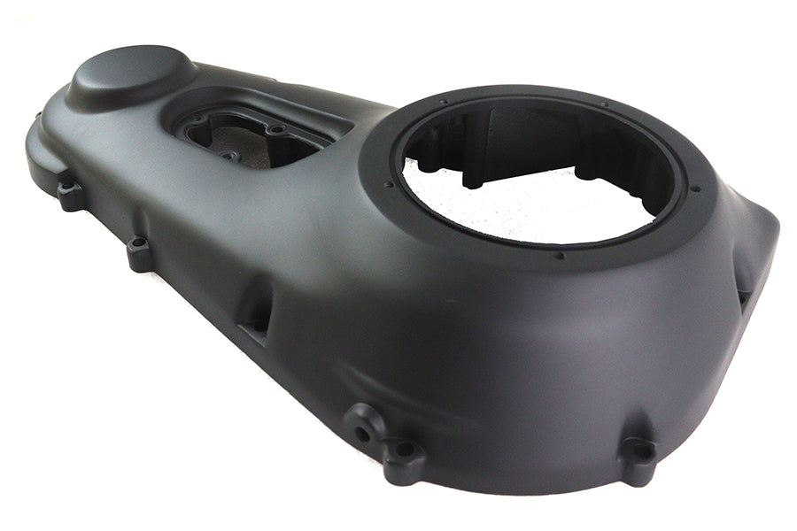 Black Motorshop outer primary cover for motorcycle drive line, shown in the image with a sleek finish and mounting points.