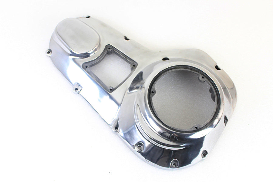 Polished MotorShop drive line outer primary cover for motorcycle, showcasing a smooth, shiny finish and precise fit.