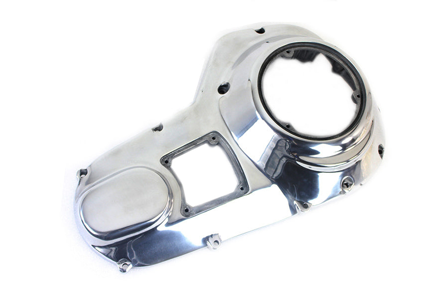Polished MOTORSHOP drive line outer primary cover with a sleek finish, designed for motorcycle primary drive protection.