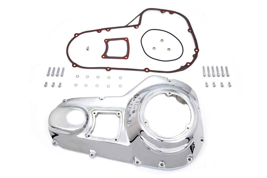 MotorShop chrome outer primary cover kit for drive line applications, featuring a shiny chrome finish and detailed design.
