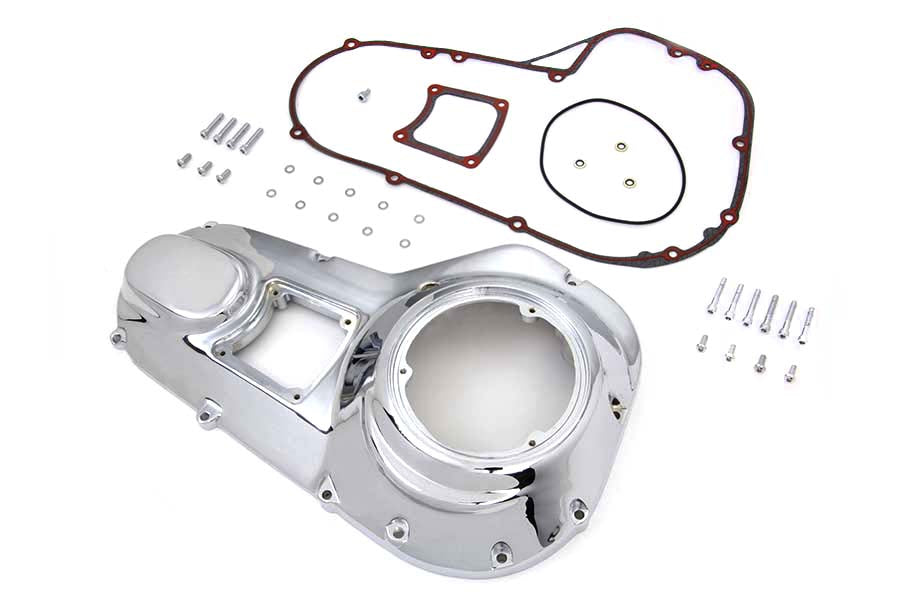 Chrome outer primary cover kit for drive line by Motorshop, featuring a shiny chrome finish and detailed design.