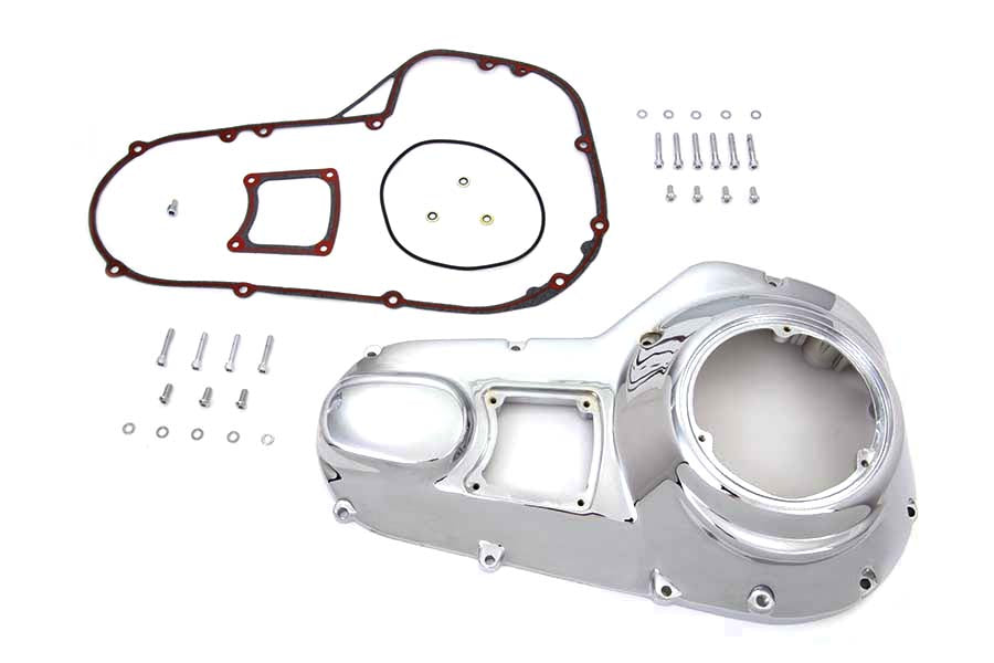 Motorshop chrome outer primary cover kit for drive line, showing polished chrome finish and detailed design on a motorcycle engine part.