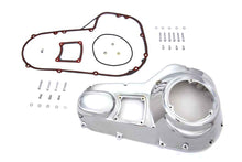Load image into Gallery viewer, Motorshop chrome outer primary cover kit for drive line, showing polished chrome finish and detailed design on a motorcycle engine part.