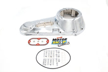Load image into Gallery viewer, Chrome outer primary cover kit for drive line by Motorshop, showing the shiny, polished chrome finish and detailed design.