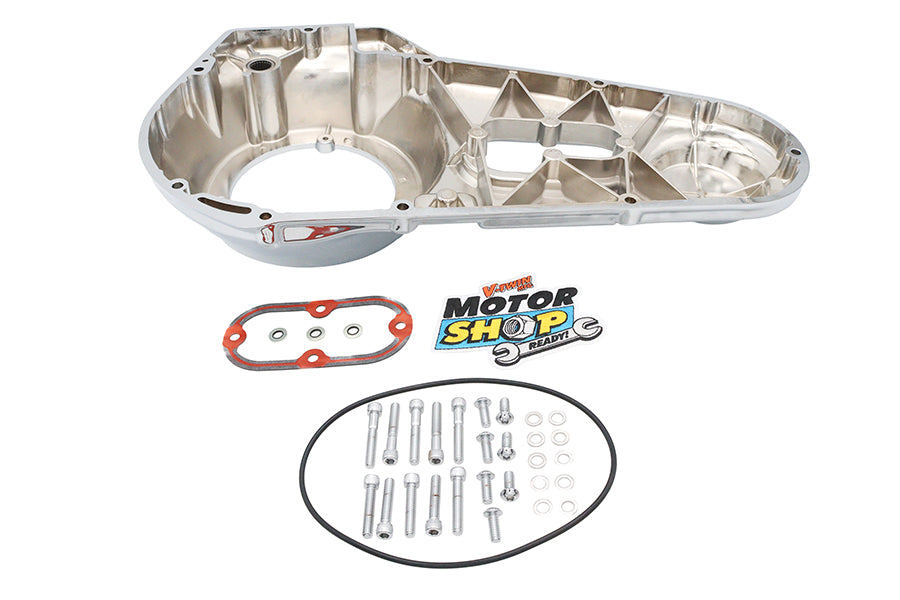 Chrome outer primary cover kit for drive line by Motorshop, showcasing a shiny, polished motorcycle engine component.