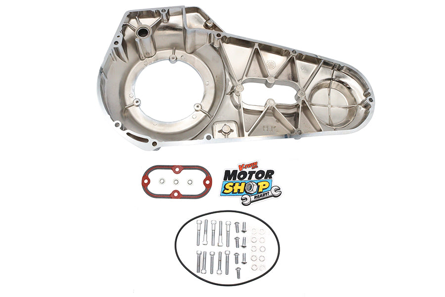 Chrome outer primary cover kit for motorcycle drive line by Motorshop, showcasing a shiny, durable chrome finish.