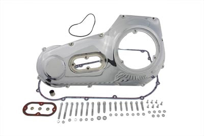 Motorshop Chrome Outer Primary Cover Kit for drive line, showing shiny chrome finish and detailed design on the cover.