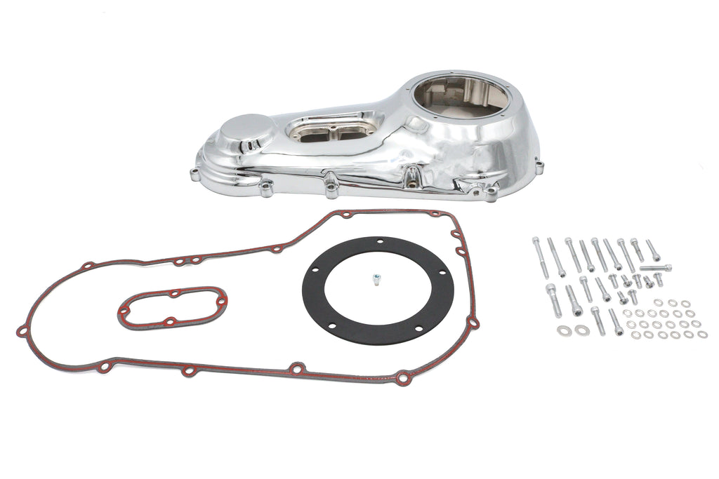 Motorshop chrome outer primary cover kit for drive line applications, showing shiny, polished metal finish and installation details.