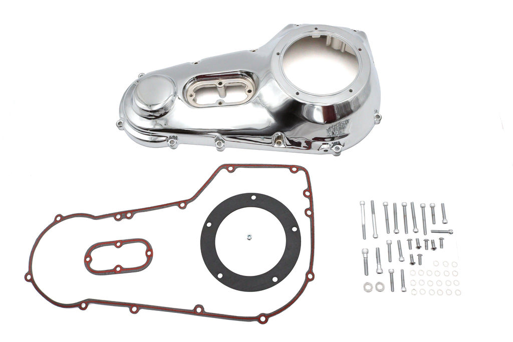 Motorshop chrome outer primary cover kit for drive line motorcycles, featuring a shiny chrome finish and detailed design.