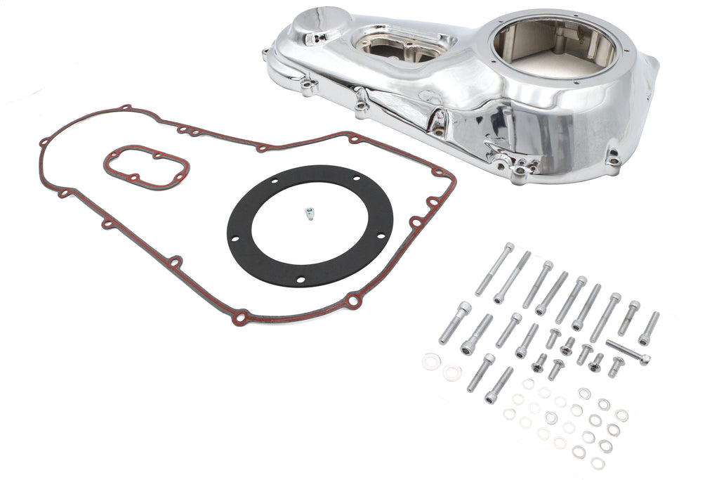 Chrome outer primary cover kit for drive line by Motorshop, showcasing a shiny, durable motorcycle engine cover component.