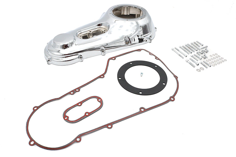 Chrome outer primary cover kit for drive line by Motorshop, showcasing a shiny, polished motorcycle engine cover.