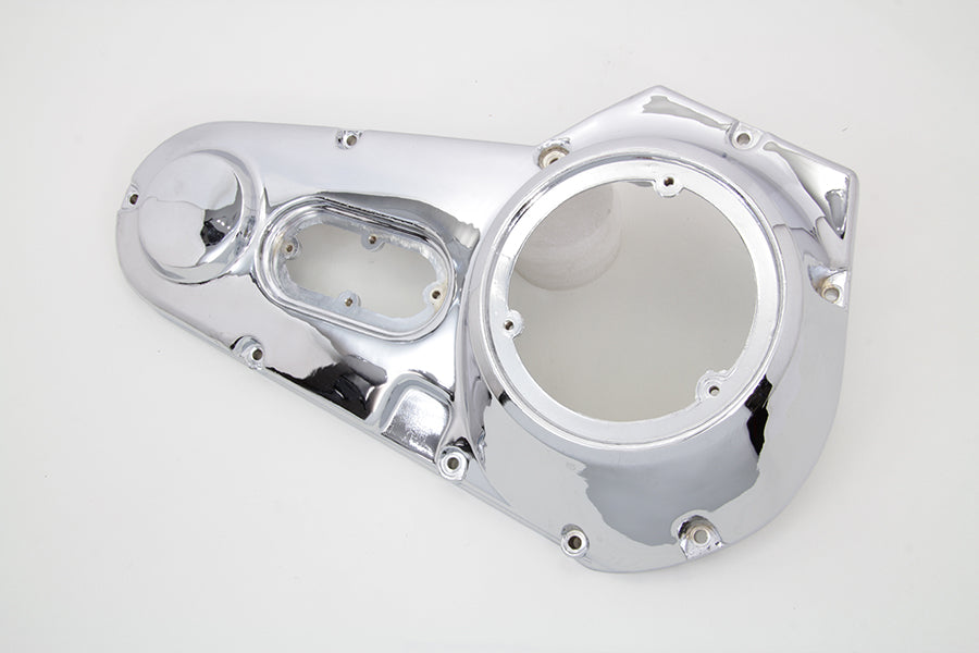 Motorshop Chrome Outer Primary Cover for drive line, showcasing a shiny chrome finish on a motorcycle engine component.