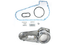 Load image into Gallery viewer, V-Twin chrome outer primary cover kit for drive line, showcasing polished chrome finish and detailed design on a motorcycle component.