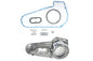 V-Twin chrome outer primary cover kit for drive line, showcasing polished chrome finish and detailed design on a motorcycle component.