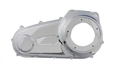 Chrome outer primary cover for drive line by Motorshop, showing a polished, reflective finish on a motorcycle engine component.