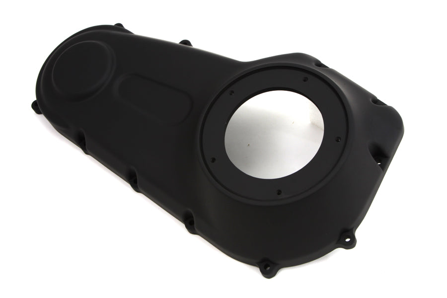 Black MOTORSHOP outer primary cover for drive line, showcasing a sleek, durable motorcycle accessory with a smooth finish.