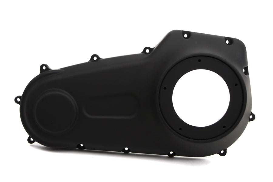 Black MotorShop outer primary cover for drive line, showing a close-up of the sleek, durable motorcycle engine component.