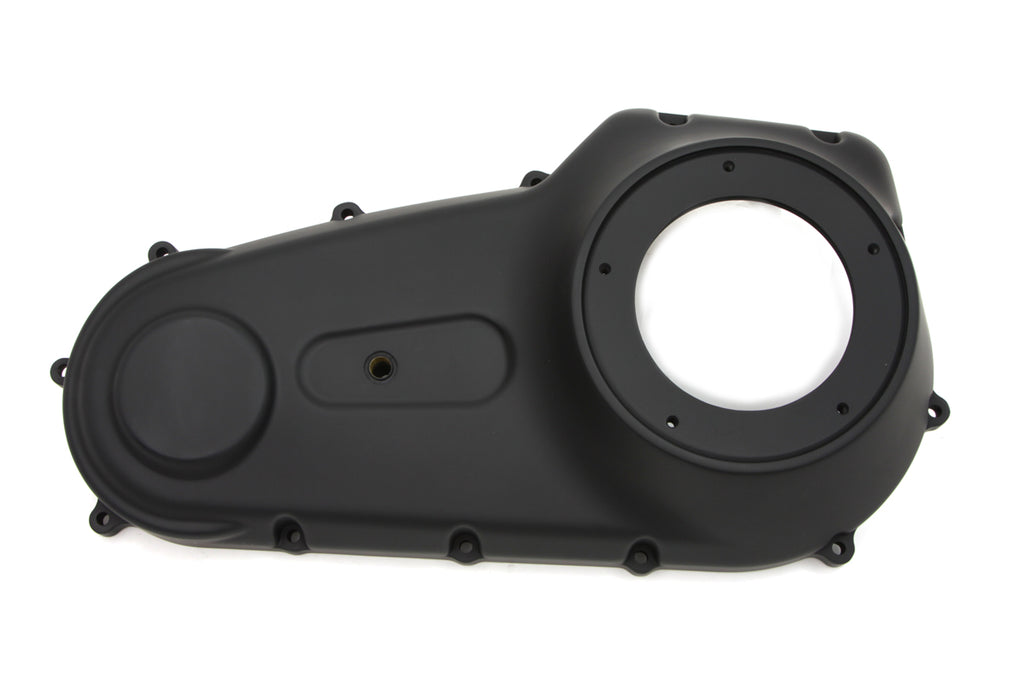 Black MOTORSHOP Outer Primary Cover for Drive Line, showcasing a durable motorcycle part with a sleek finish.