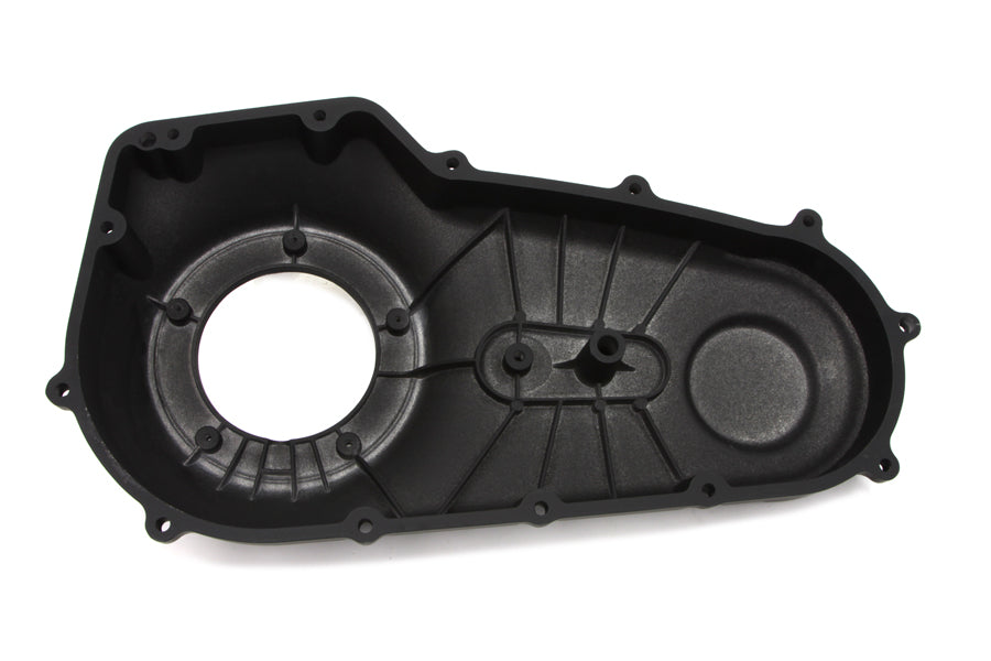 Black MOTORSHOP outer primary cover for drive line, shown in black with detailed mounting holes and finish.