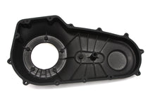 Load image into Gallery viewer, Black MOTORSHOP outer primary cover for drive line, shown in black with detailed mounting holes and finish.