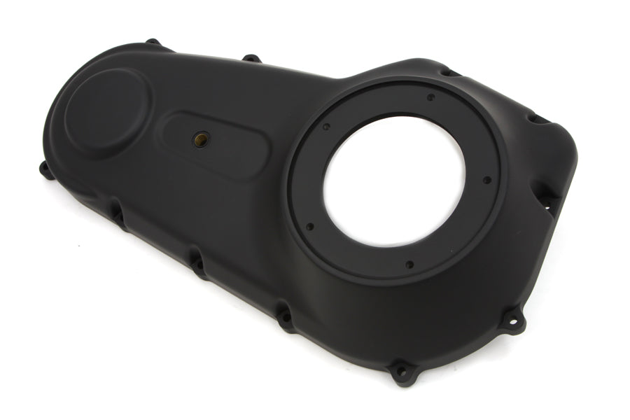 Black Drive Line Outer Primary Cover for motorcycle, branded MOTORSHOP, showing the sleek, durable component with detailed finish.