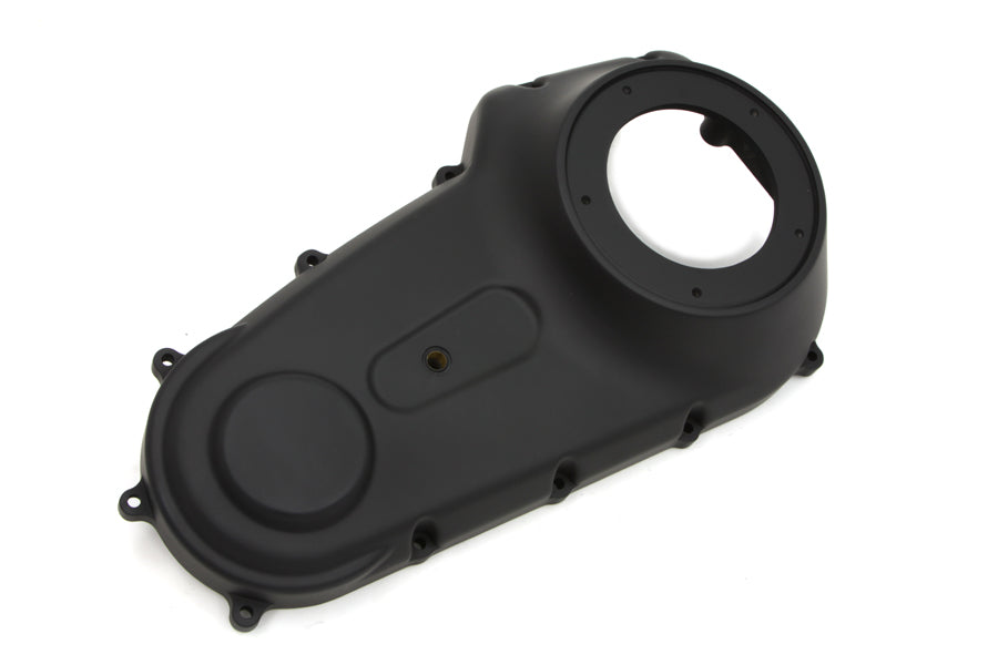 Motorshop black outer primary cover for drive line, showcasing a sleek black motorcycle primary cover with visible mounting holes.