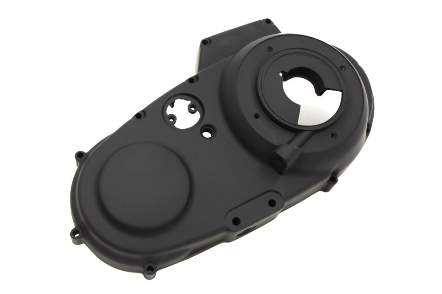 Black MOTORSHOP outer primary cover for drive line, showing a sturdy protective motorcycle engine cover with mounting hardware.