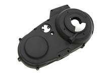 Load image into Gallery viewer, Black MOTORSHOP outer primary cover for drive line, showing a sturdy protective motorcycle engine cover with mounting hardware.