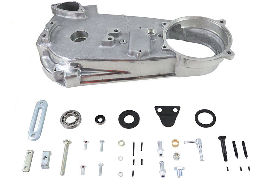 Motorshop drive line inner primary cover cast for motorcycles, featuring detailed metal construction and bolt openings.