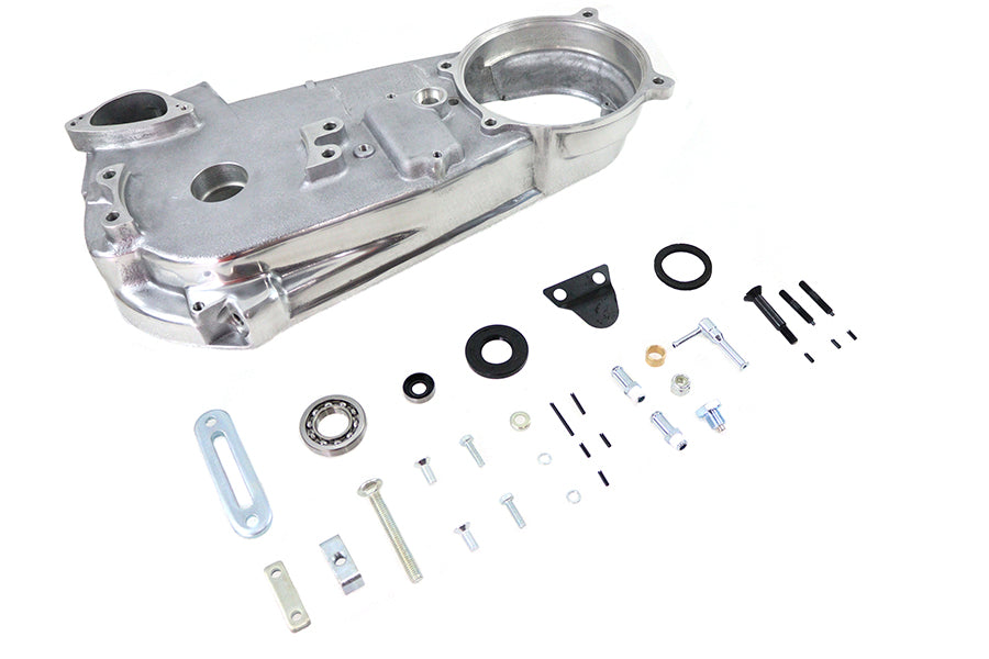 Motorshop drive line inner primary cover cast for motorcycle, showcasing the detailed metal construction and finish.