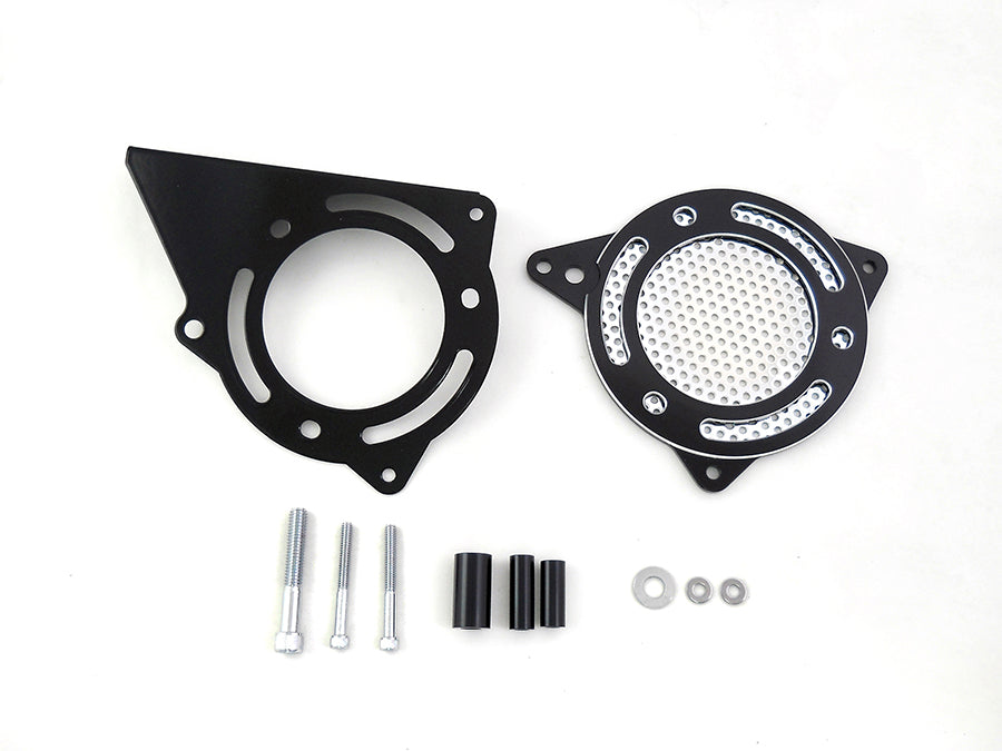 Black XL sprocket cover from Motorshop for drive line systems, showcasing durable metal construction and sleek finish.