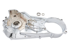 Load image into Gallery viewer, V-Twin chrome inner primary cover for drive line, showcasing a shiny, polished metal finish on a motorcycle component.