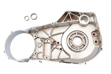 Load image into Gallery viewer, V-Twin chrome inner primary cover for drive line, showcasing polished metal finish and detailed design on a motorcycle component.