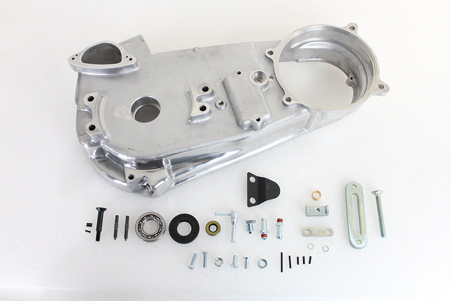 V-TWIN Cast FXE Inner Primary Cover for Drive Line, metal with detailed V-TWIN branding, mounted on motorcycle engine.
