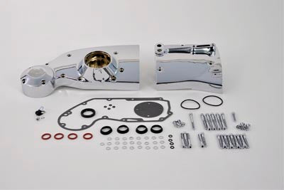 V-TWIN chrome engine cam and sprocket cover set for motorcycle engine, shiny chrome finish with detailed design.