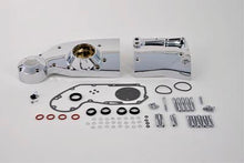 Load image into Gallery viewer, V-TWIN chrome engine cam and sprocket cover set for motorcycle engine, shiny chrome finish with detailed design.