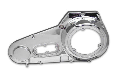 Chrome outer primary cover for drive line by Motorshop, showcasing a shiny, reflective finish on a motorcycle engine component.