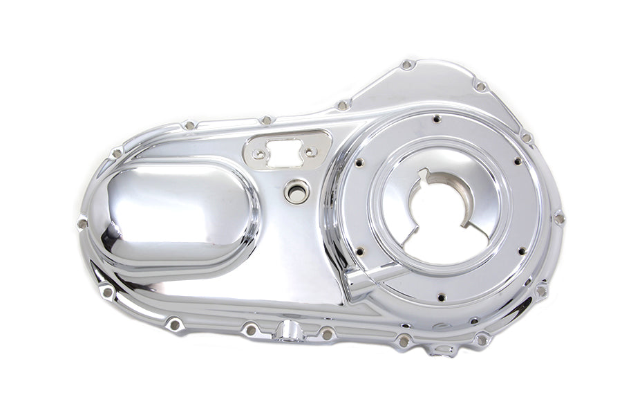 MotorShop chrome outer primary cover for drive line, shiny chrome finish, fits motorcycle primary drive system.