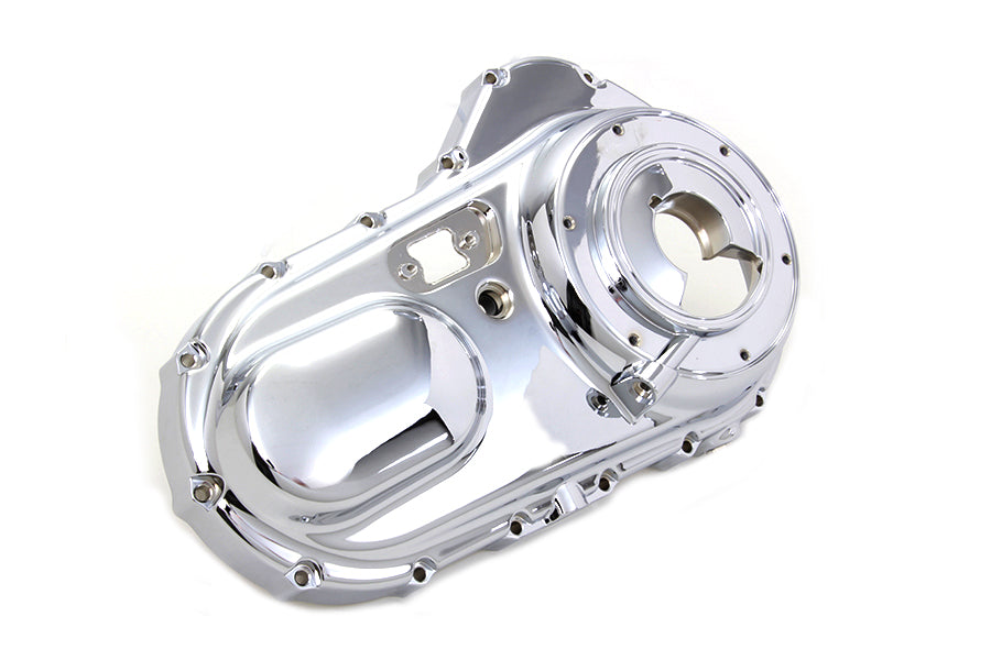 Motorshop chrome outer primary cover for drive line, featuring a sleek, polished finish on a motorcycle engine component.