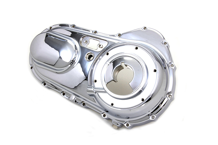 Chrome outer primary cover for motorcycle drive line by Motorshop, featuring a sleek, polished finish and detailed design.
